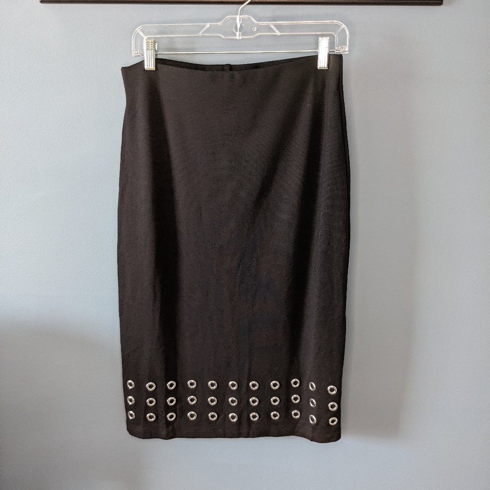 NWT Ashley Blue Women's Mid Length Black Pencil Skirt with Grommet Bottom